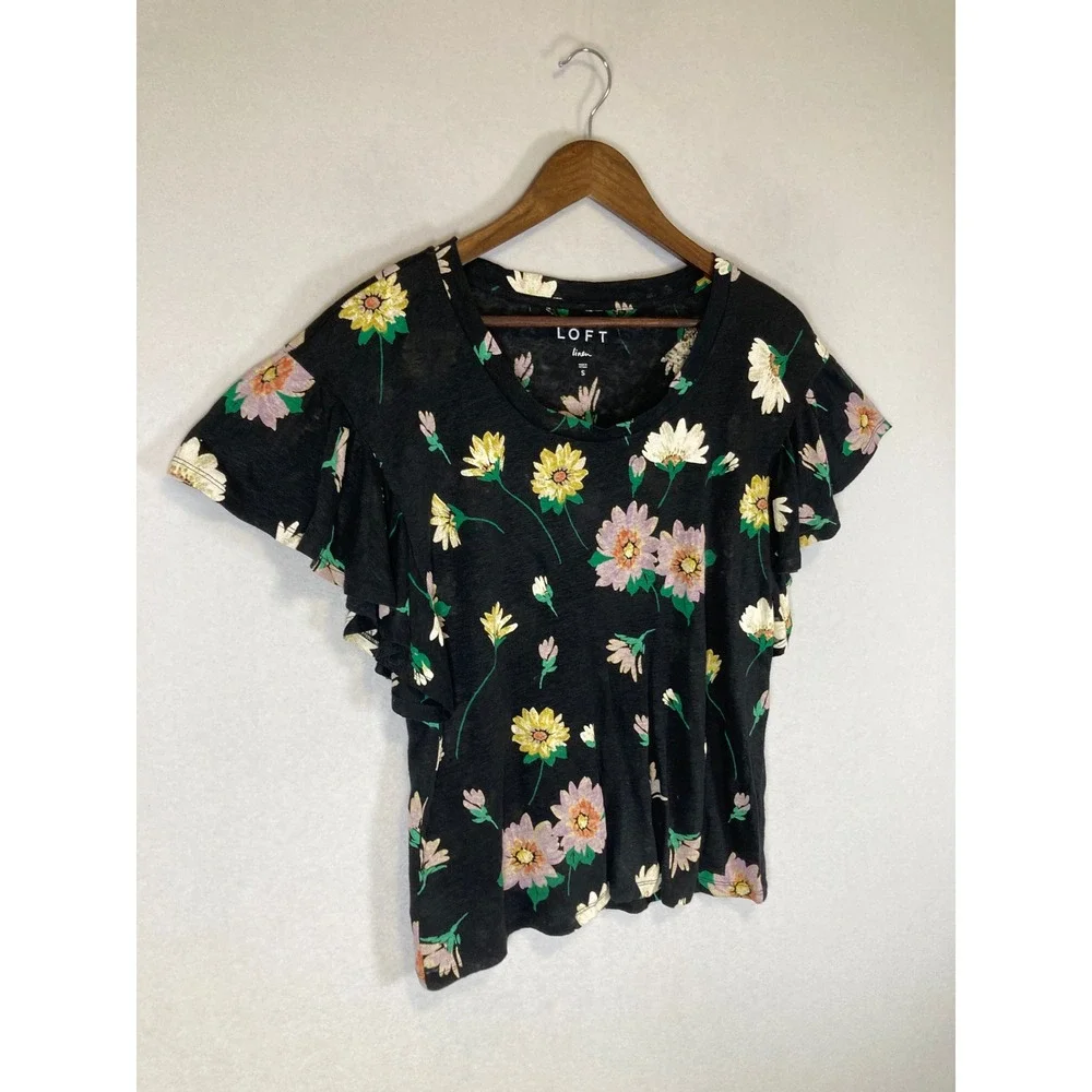 Cottagecore LOFT Women Size S Black Floral 100% Linen Flutter Sleeve Scoop Neck‎ - Picture 9 of 9